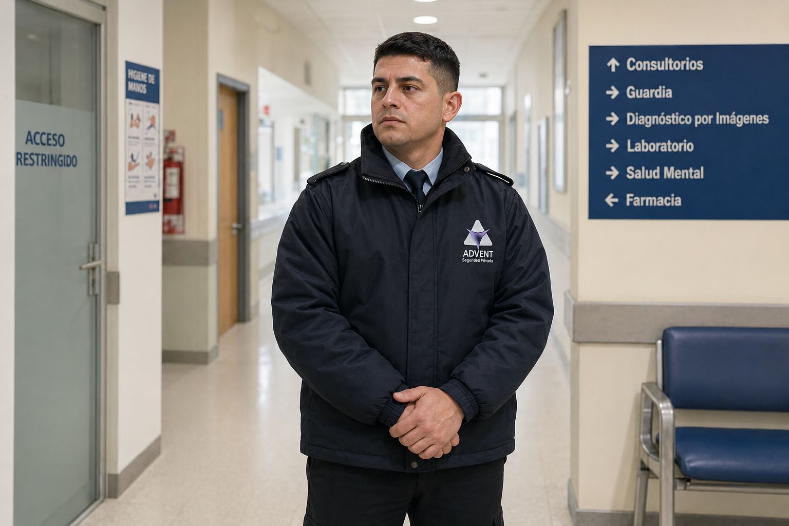 Guardia ADVENT en pasillo de acceso restringido de institución hospitalaria pública, Santa Fe